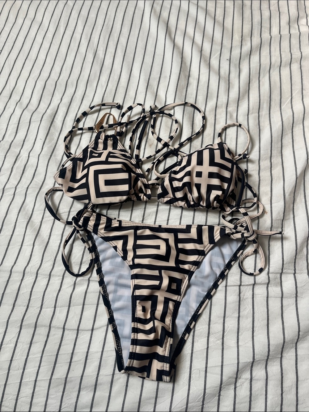 SHEIN Beige and Black Geometric String Bikini